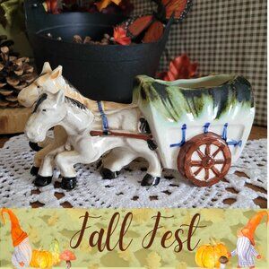 🍂 20% OFF - Occupied Japan Porcelain Trinket Planter - Horses & Hay Cart